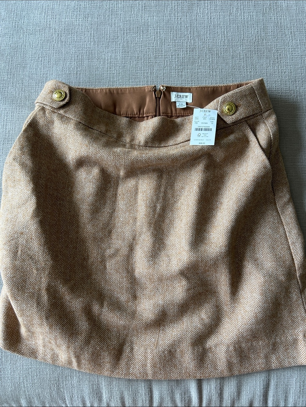 J. Crew Tan Herringbone Mini Skirt with Gold Button Detail